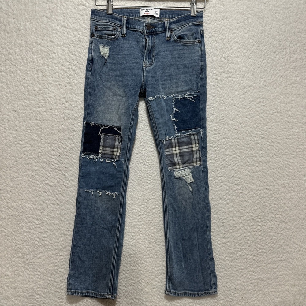 Abercrombie Kids 11/12 Straight Patch Jeans Slim Destroyed Dark Denim‎ Plaid